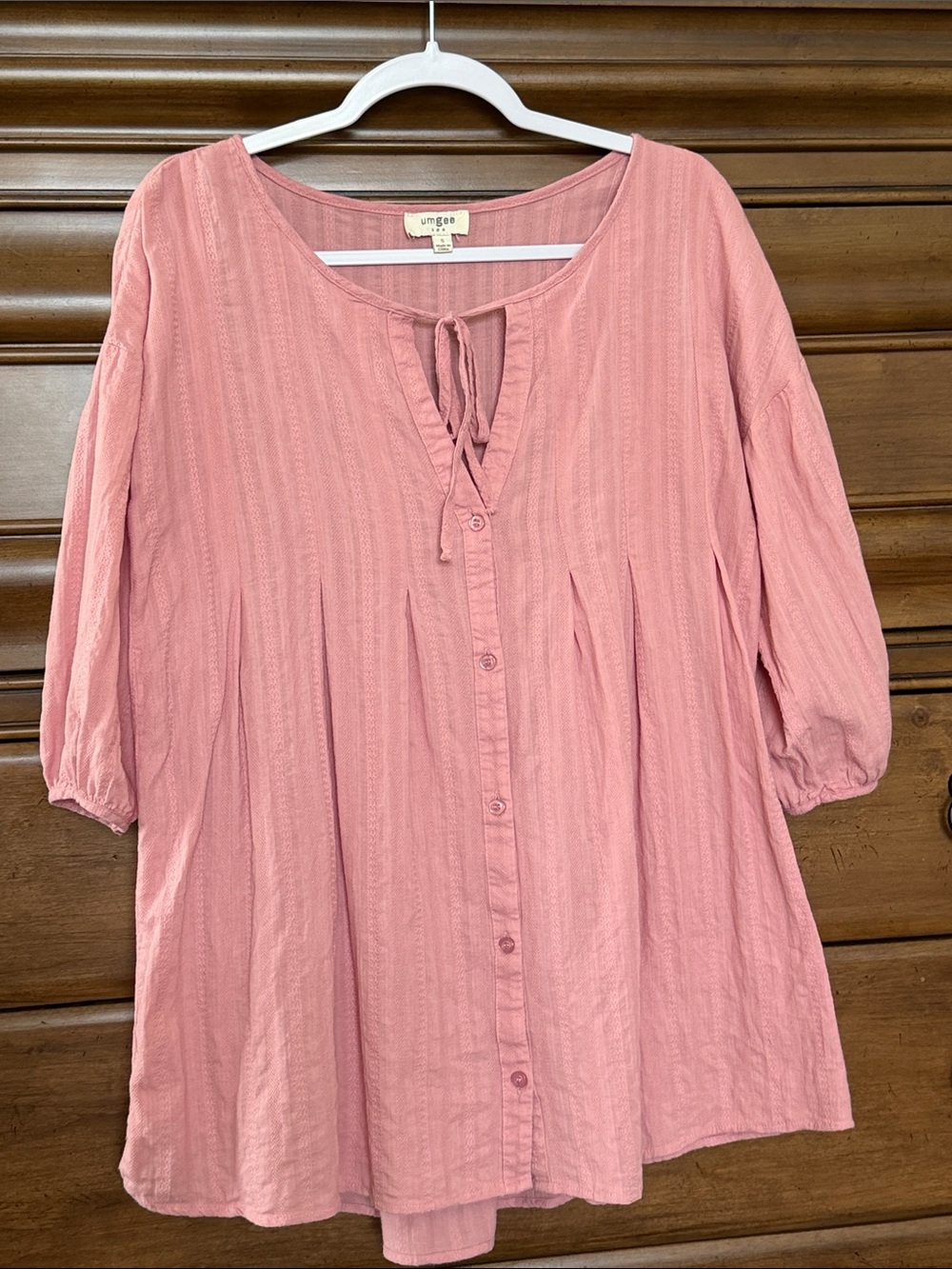 Umgee Dusty Rose Button-Front Tie-Neck 3/4 Sleeve Tunic Top Size Small